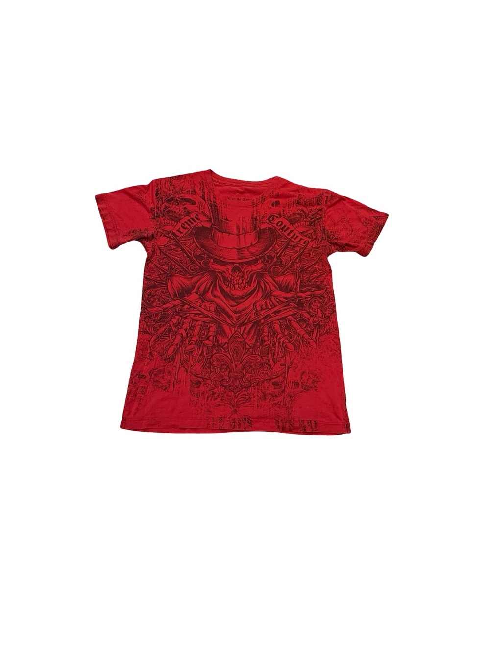 Y2K extreme couture Red Graphic Short Sleeve Tee with Intricate Skull Design